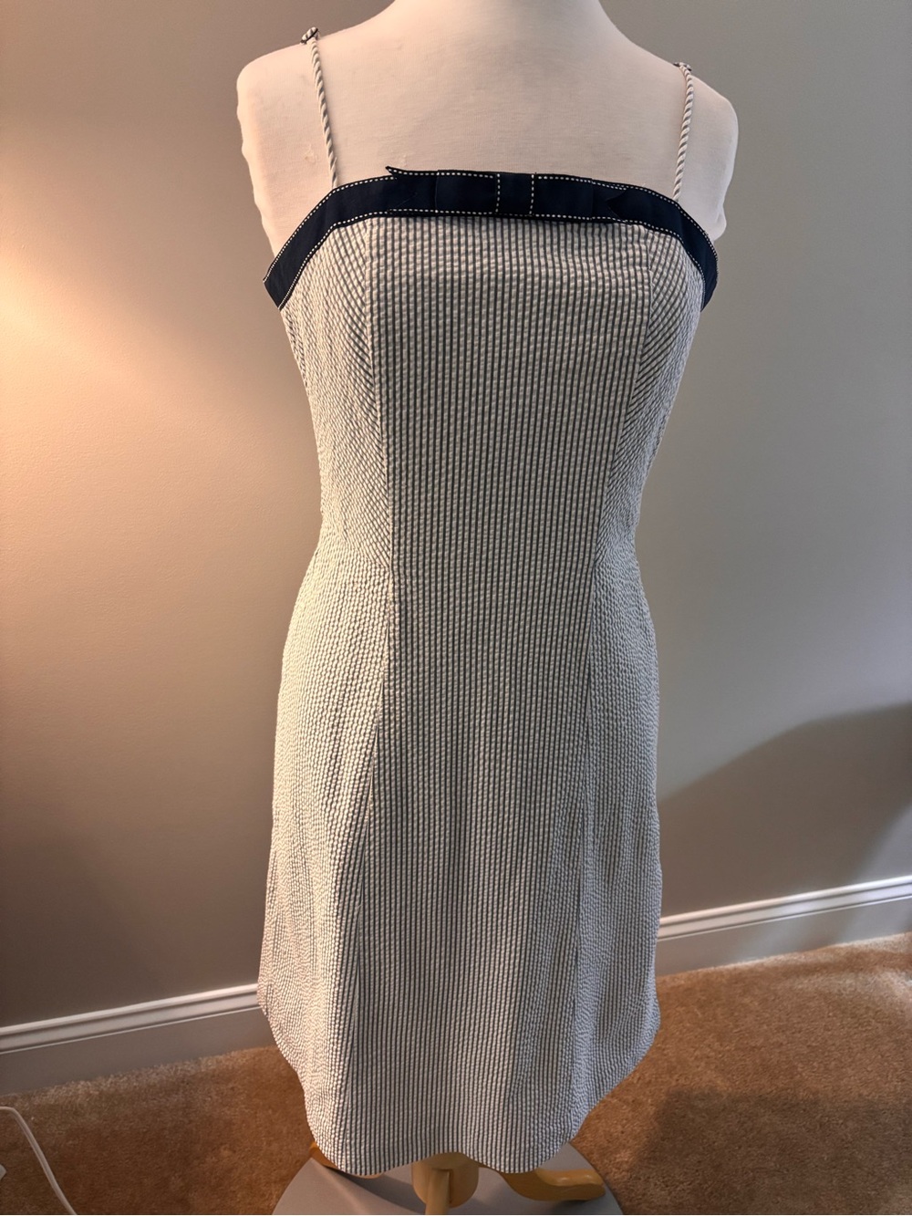 Isaac Mizrahi Cream and Navy Spaghetti Strap Seersucker Dress